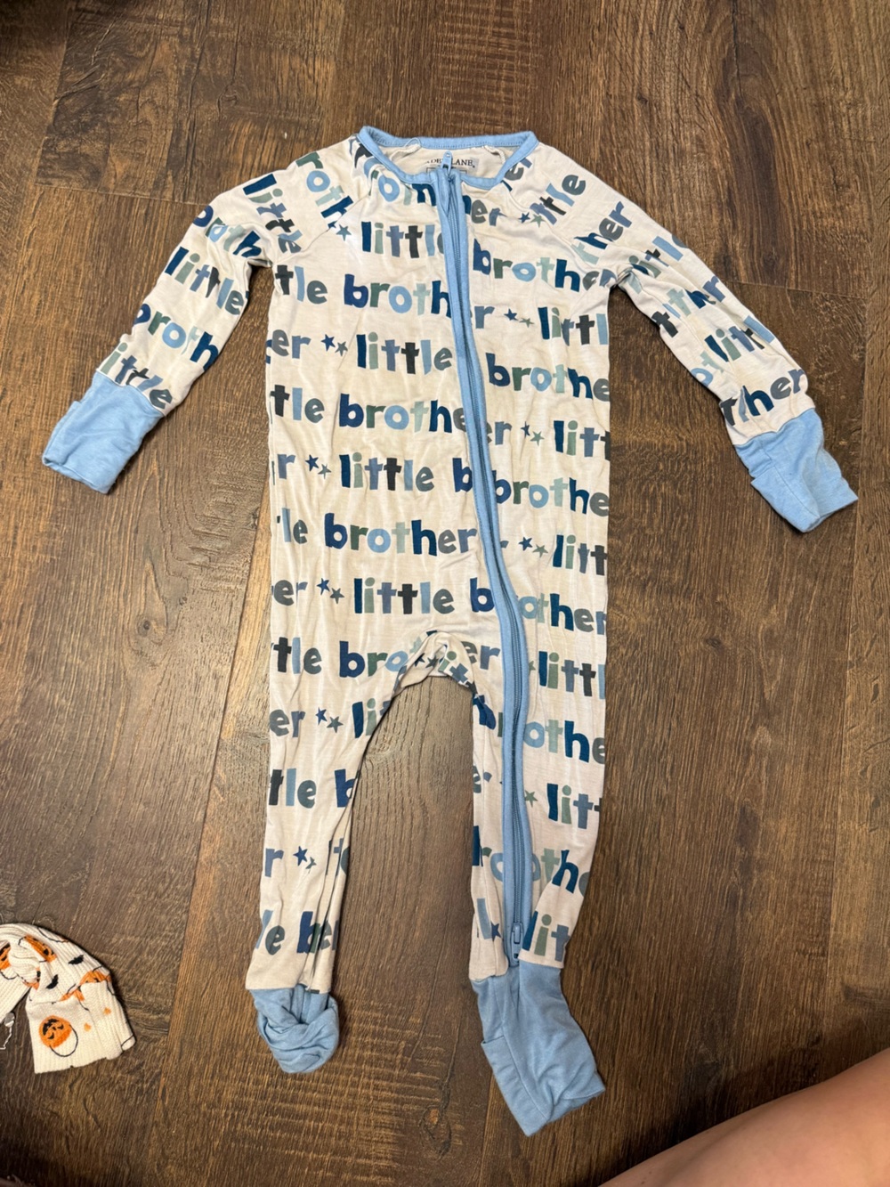 Caden Lane Cream Footed One-Piece with Blue "Little Brother" Print